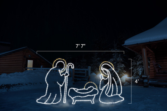 White and Yellow LED holy family nativity scene with dimensions 7'7" by 4'
