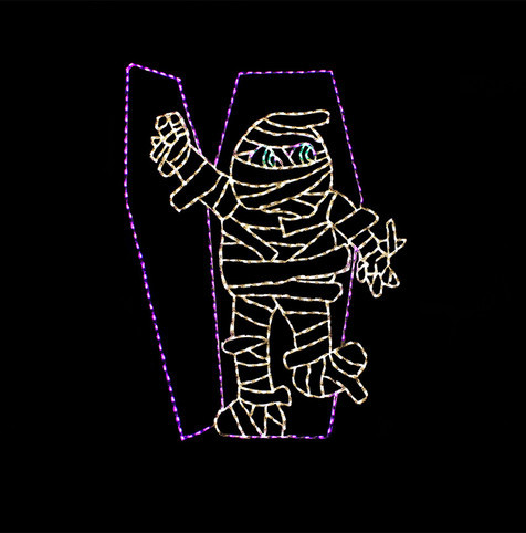 Light display of a mummy coming out of a coffin.