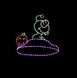 Cute animated green LED alien flying on a purple space saucer with a pumpkin riding along 