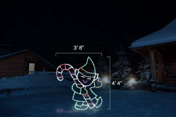 Green and yellow LED display of an Elf holding a red and white candy cane with dimensions 3'8" by 4'4"