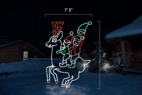 Animated red, green and white LED elves riding a red and white reindeer with dimensions 7'5" by 7'