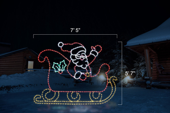 Animated LED red, white, yellow and green waving Santa light display with dimensions 7'5" by 5"7".