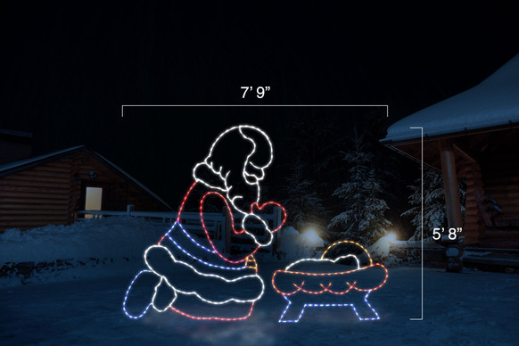 Red, white, blue and yellow LED Santa praying over a red, white, blue and yellow baby Jesus with dimensions 7'9" by 5'8"