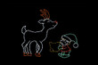 LED reindeer and elf animated outdoor Christmas light display of a green, red and white elf feeding a white and red reindeer