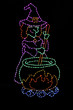 LED display of a witch stirring a green pot of witches brew over a red and yellow fire with blue logs.