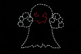 LED light display of a scary white ghost with a red mouth and eyes