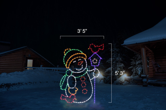 LED light display of a snowman with a green scarf and hat with yellow trim and mittens holding a blue bird house with a red bird perched atop the house and a red bird resting beside the snowman with measures 3'5" by 5'3"
