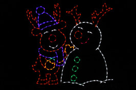 LED light display of a red and purple reindeer building a white snowman with green buttons and red antlers