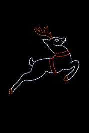 White LED light display of a reindeer flying with red and orange antlers