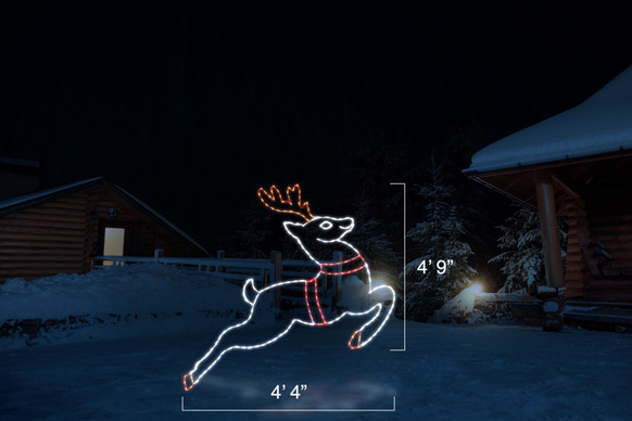 White LED light display of a reindeer flying with red and orange antlers with dimensions 4'4" wide by 4'9" tall