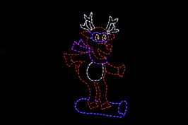 Red, purple and white LED reindeer riding a blue snowboard