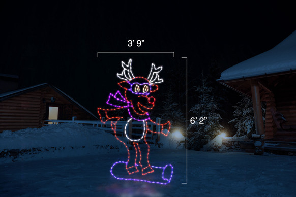 Red, purple and white LED reindeer riding a blue snowboard with dimensions 3'9" by 6'2'