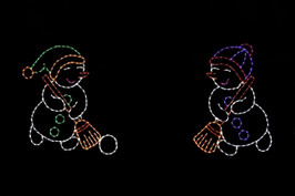 Two animated LED snowmen with colorful hats playing broomball 