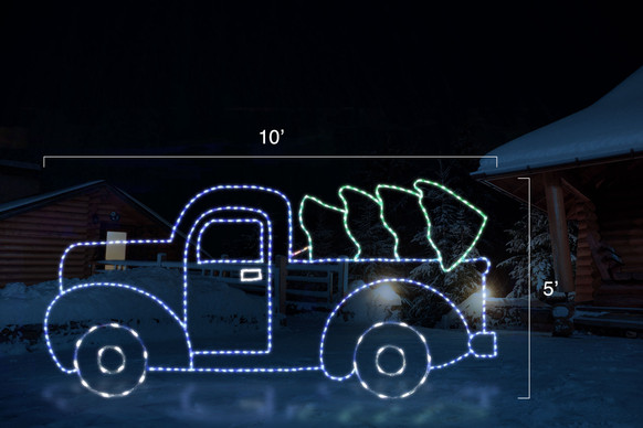 LED light display of a blue truck with green Christmas tree lying in the truck bed with dimensions 10' by 5'