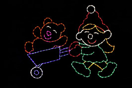 Elf pushing a wheelbarrow with a teddy bear in it outdoor Christmas decoration