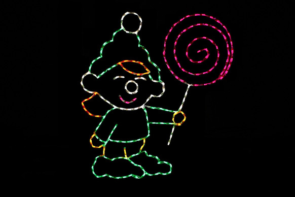 Light display of an elf with a lollipop.