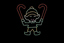 An LED wireframe animated outdoor Christmas decoration in the shape of an elf holding up two candy canes. 