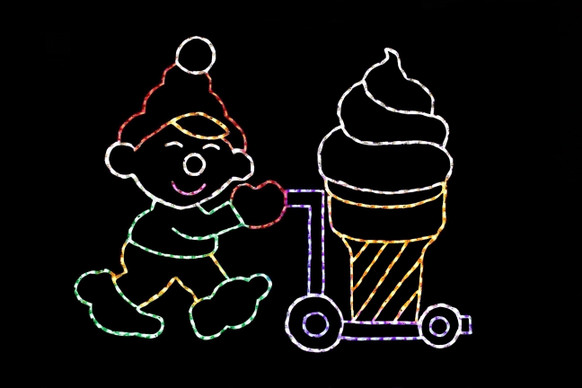 Animated display of an elf with an ice cream cone.