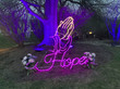 Light display of the word 'hope' and praying hands.