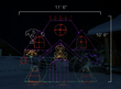 Scaled image of an animated ghost mansion light display. Dimensions are 11' 6" by 10' 6".