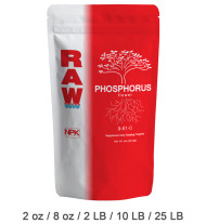 RAW Phosphorus contains 61% pure water Soluble Phosphate (P). This product also contains a small amount of Ammonium Nitrogen (9%) which plants can utilize during bloom. Phosphorus is particularly beneficial during the early rooting stage but also provides energy during fruit and flower production. RAW Phosphorus is ideal for boosting Phosphorus (P) levels, treating deficiencies and creating optimal recipe solutions. Works in conjunction with all nutrient and feeding programs.
