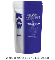 RAW Potassium contains 50% Water Soluble Potash derived from potassium sulfate. During fruiting and flowering, large amounts of potassium are used by the plant in a matter of days which can lead to potassium deficiencies. RAW Potassium is ideal for boosting Potassium (K) levels, treating deficiencies and creating optimal recipe solutions. Works in conjunction with all nutrient and feeding programs.
