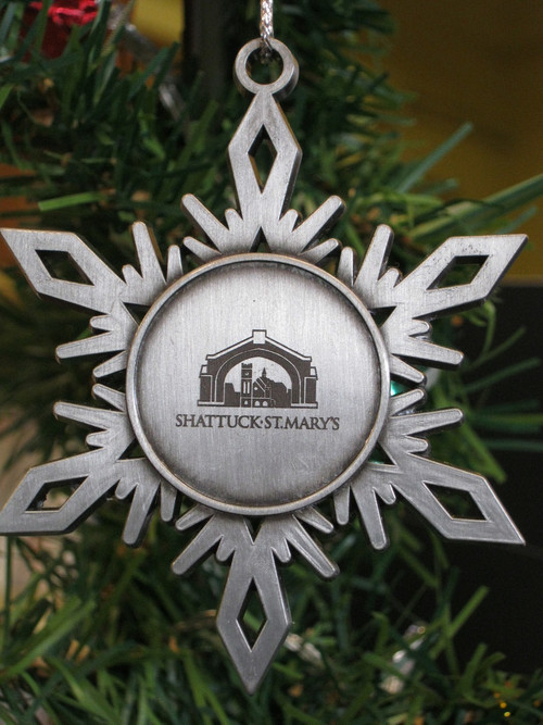 Handcrafted, flat, solid Pewter Holiday ornament with antique finish and matching cord, featuring the perfect snowflake  and  The Arch– approx.. 2.5”x2.5”