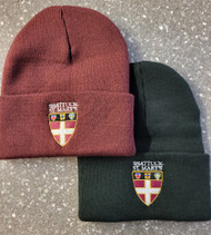 Cuffed knit hats in maroon or black.  Stacked Shield logo embroidered on the cuff. One size fits all.