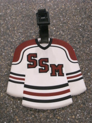 Sure to stand out in the luggage carousel!  Your very own hockey jersey luggage tag measures 3 3/4 x 3 1/2 inches.  Space for name, address and telephone number on the back.  