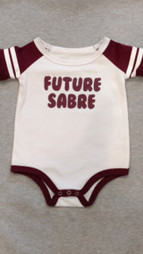 Future Sabre Onesie is made from a 4.4 oz. 100% cotton jersey material and features a screen printed logos, metal three button bottom closure, and a crew neckline.
•Machine Washable on Cold
•Screened  Graphics
•Made from 100% Cotton Jersey Material
