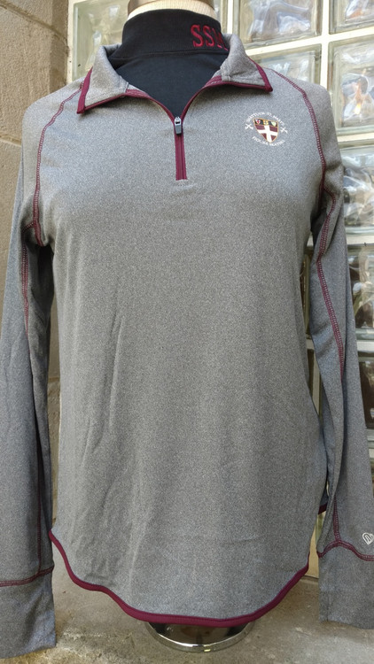 Heather Charcoal 1/4 zip ladies embellished with left chest Figure Skating logo.  100% polyester. Maroon top-stitching, zipper and edging, thumb holes.

