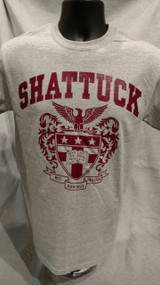 Gray Gildan t-shirt screened with the Shattuck Eagle Crest in maroon. 
