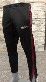 Black 100% polyester breakaway pants with maroon contrasting accents. Drawstring waist, embroidered SSM logo.