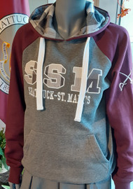 Just add a cup of hot cocoa with this sweatshirt.  Heather charcoal body with maroon raglan sleeves.  Black and white plaid hood lining and decoration on center chest.  Screened crossed sabres on left shoulder. Flat drawcords, kangaroo pockets.