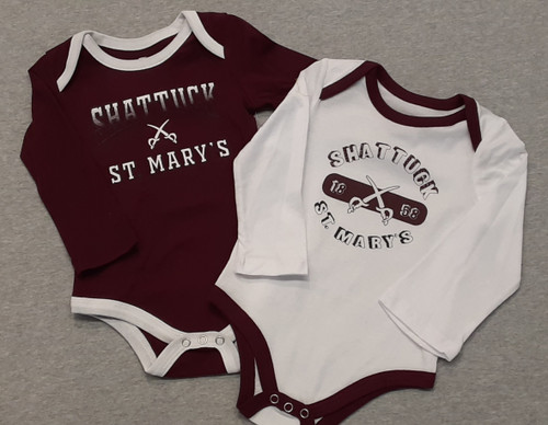 Adorable long sleeve onsie for our Future Sabres!  100% cotton, contrasting snap closure, screen printed embellishment. Sizes Small 0 - 3 months, Medium 3 - 6 months, Large 6 - 9 months, Xlarge 12 - 18 months.