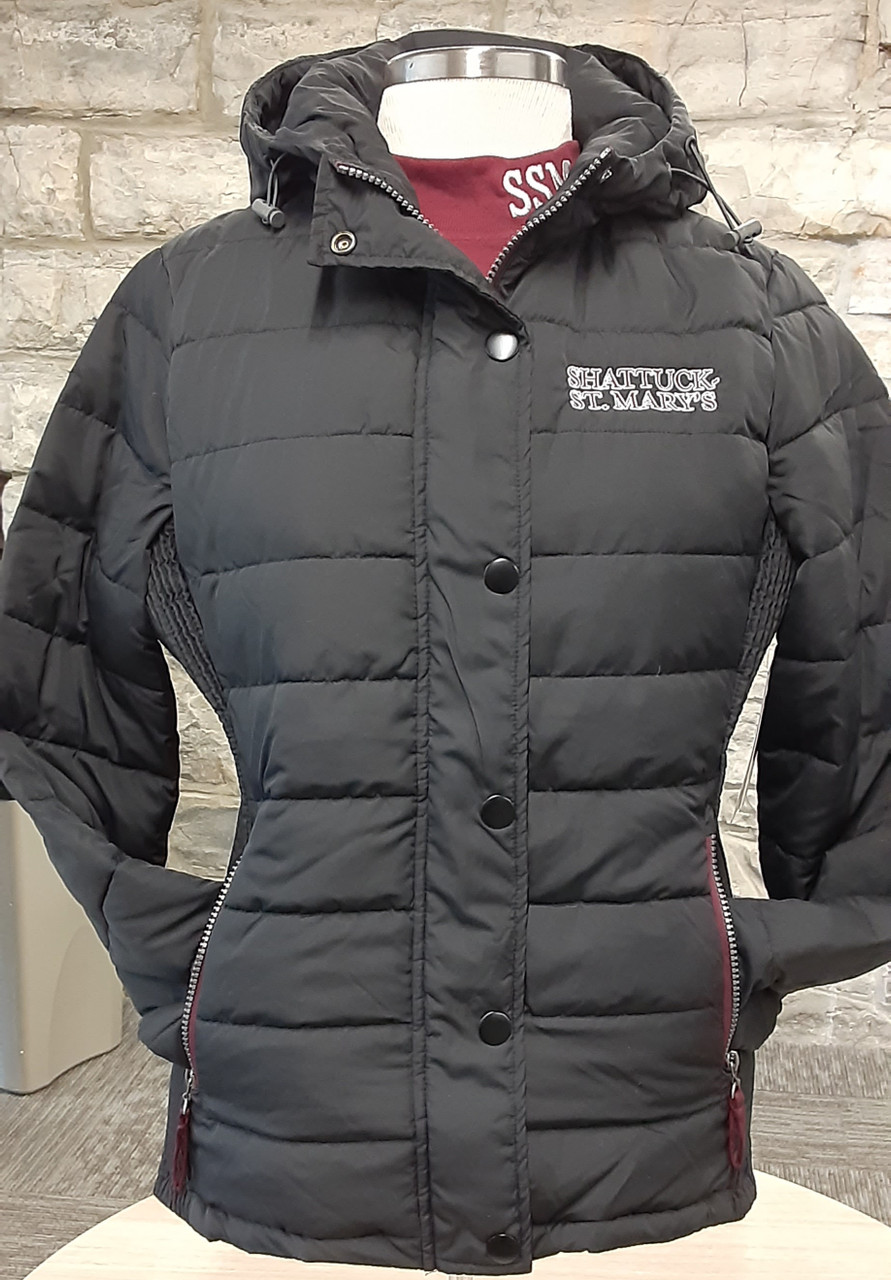 ladies black puffer jacket with hood