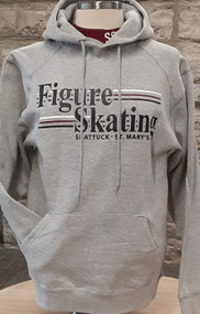 Oxford gray sweatshirt screened with Figure Skating logo. 8 oz., 60/40 ringspun cotton/polyester ,two-ply hood. matching drawcord.  Spandex reinforced rib knit cuffs and waistband. Frong pouch pocket with headset opening.