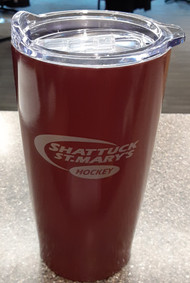 Watch your favorite team and keep your cocoa or coffee pipping hot.  Maroon, stainless steel, 20 ounce travel mug.  Clear slide open top, screened hockey swoosh logo.