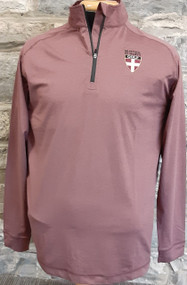 Swannie comfortable, solid look on and off the course. Maroon heather body with black print inside collar. Reflective circle swan logo on back left shoulder.  Extra comfy, super stretchy, durable performance, easy care. 90% Polyester 10% Spandex