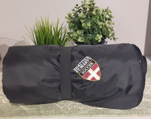 A water-resistant backing makes this warm fleece blanket perfect for cheering for your favorite Sabres Soccer Team! Embroidered with the Soccer logo. 11.3-ounce linear yard, 100% polyester fleece, 100% polyester woven backing. Attached elastic band to secure the rolled-up blanket. Dimensions: 50" x 60"