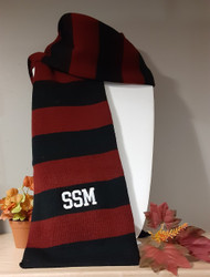 Keep warm in the stands and sidelines with this SSM embroidered striped scarf. Measures 60 inches long, 100% Acrylic, hand wash, dry flat.  Black and maroon, white embroidery.