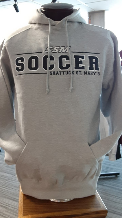 Soccer appliqued hooded sweatshirt.  Badger sweatshirt constructed of 9.5 oz. ring-spun 60% cotton/40% polyester construction to remain warm and cozy. Spandex-reinforced, rib-knit cuffs and waistband and two-ply hood with drawcord help keep body heat in and the cold out. Front pouch pocket with a headset opening can be used for storing small personal items or keeping hands warm.