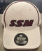 Snap back, white hat with maroon accent piping and sandwiched bill.  SSM embroidered logo. Just what you need for Spring.