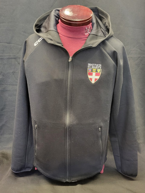 All new premium black, full zip fleece combines a breathable soft feel with a modern featuring zippered pockets and brushed jersey lined hood.  Shattuck - St. Mary's Stacked Shield logo. 84% Polyester / 12% Rayon / 4% Spandex