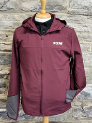 Perfect for spring weather and spring sports, this maroon full zip, hooded jacket features contrasting grey back yoke and sleeves, zip-up side pockets and hood toggles.  90% polyester/10% spandex make for a soft, supple feel.  Screened SSM left chest logo.