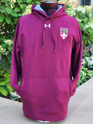 Under Armour maroon hooded sweatshirt embroider with the Shield logo. 80% cotton, 20% polyester. Grey mesh hood lining, front pockets.