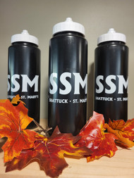 32 ounce black waterbottle,  white screwtop cover and SSM logo.