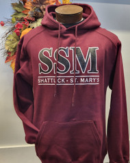 A new color of an old classic sweatshirt.  Maroon, hooded sweatshirt with screened SSM logo. 60/40 ring-spun cotton/polyester, 2 ply hood, spandex reinforced rib knot cuffs and waistband.  Pouch pocket with headset opening