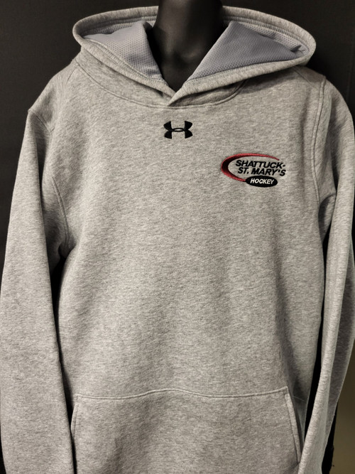 Under Armour youth xlarge hooded sweatshirt with embroidered hockey logo.  Ultra-soft cotton-blend fleece. Material wicks sweat & dries fast. Front kangaroo pocket.