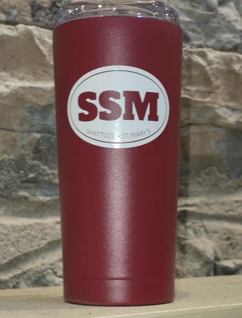 Enjoy a warm beverage in the ice arena or a cool sip cheering for your team on the pitch. 20 ounce powder coated tumbler with SSM logo.  18/8 Stainless Steele, PBA-Free, double-wall insulation, sipper lid.
